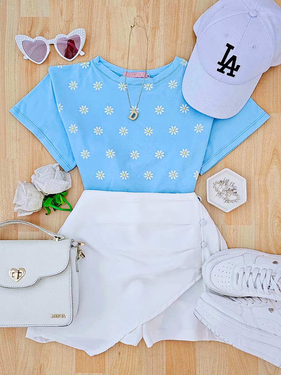 Camiseta Meli Celeste Flores