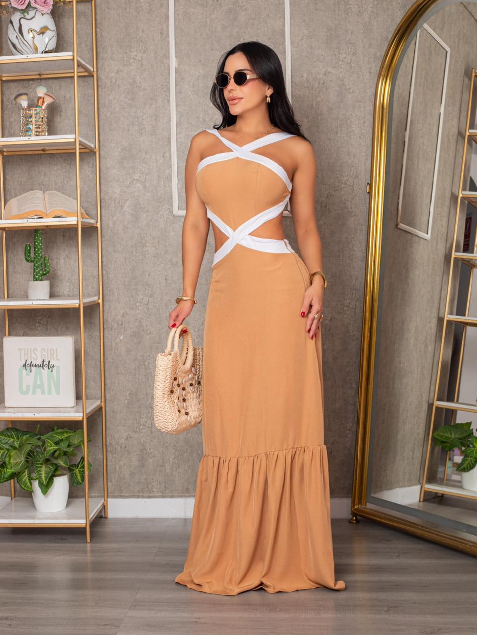 Vestido Largo Julieta Camel-Blanco