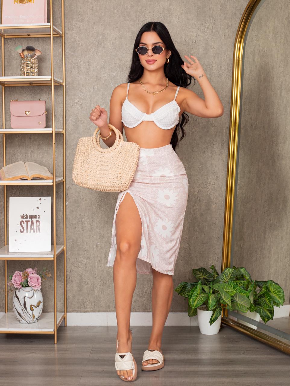 Falda Jazmín Beige Con Flores